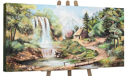 YS-Art Abstrakt Acryl Gemälde auf Leinwand Wasserfall handgemalt Wandbilder Wohnzimmer modern Wohndekor Bilder Büro Haus im Wald Bach grün echte Kunst 140x70 cm
