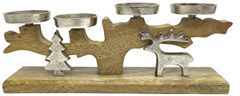 DARO DEKO Kerzenhalter aus Holz und Metall 16 x 41cm braun Silber mit Tanne und REH