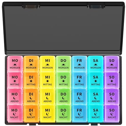Opret Tablettenbox 7 Tage Morgens Mittags Abends Große Fächer, Pillendose 7 Tage 4 Fächer, Medikamentenbox 7 Tage 4 Fächer Pillenbox 7 Tage Tablettendose Tabletten Wochenbox(schwarze Abdeckung)