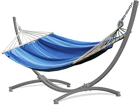 Potenza Outdoor Hängematte mit Gestell für 2 Personen I Stabhängematte XXL 220x160, 200kg I Verzinkter Hängemattengestell 220kg Wetterfest (Blau, Gestell Grau)