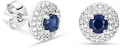 Miore pendientes de diamantes y zafiros en oro de 9 quilates 375, orla de dos filas engastadas con diamantes naturales 0,23 quilates y piedras centrales con zafiros azules naturales 0,42 quilates.