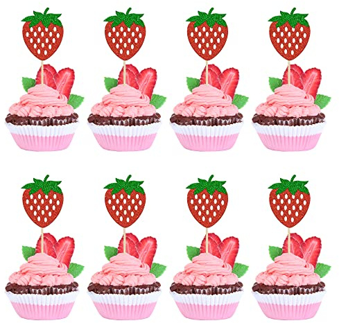 Gyufise 24Pcs Strawberry Cupcake Toppers Red Glitter Fruit Theme Strawberry Cupcake Picks for Summer Sweet Fruit Baby Shower Kids Birthday Party Cake Decorations Supplies