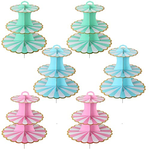 JMIATRY Paquete de 6 soportes de cartón para cupcakes de 3 niveles, soporte multicolor para tartas de cartón, soporte de té de la tarde, fiesta de cumpleaños, boda y baby shower