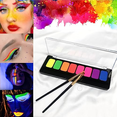 KARLOR UV Neon Gesichsfarbe, 8 UV Farben mit 2 Pinsel, Körperfarbe fluoreszierend wasserlöslich für Gesichts-Körperbemalung Neon Schminke Face Bodypaint Highlight Make-up Leuchtet unter Schwarzlicht