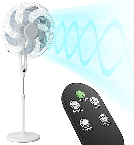 mollie Oscillating Pedestal Fan with Remote Control 12H Timer Portable Adjustable Height 6 Blades Quiet Air Circulator Standing Floor Fan for Bedroom Home White