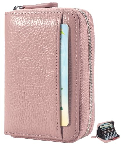 RSXING Kreditkartenetui Damen Echt Leder RFID Schutz Blocker Kartenhülle Klein Kartenhalter Geldbörse Frauen Mini Karten Geldbeutel Portemonnaie mit Reißverschluss(rosa)