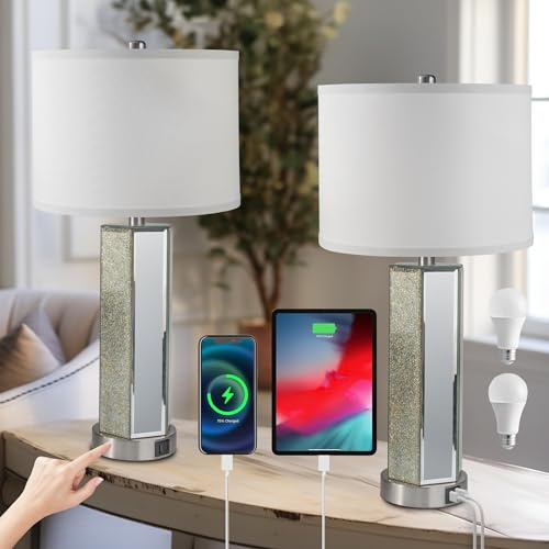 VELXEE Touch Control Table Lamps Set of 2, Modern Silver Mirror Bedside Lamp with 2 USB Ports, 3-Way Dimmable Real Marble Gold Nightstand Lamp for Living Room, Bedroom Home Office Hotel Bar