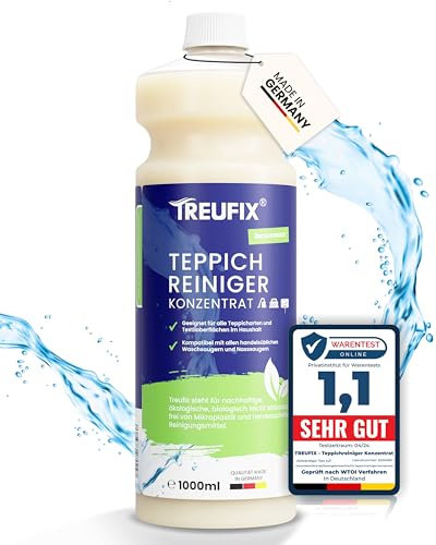 Treufix Teppichreiniger & Polsterreiniger Konzentrat für alle Teppichböden und Polster | Effektives Teppich Reinigungsmittel 1L | Geeignet für alle Waschsauger und Nasssauger | Made in DE