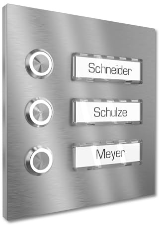 Graviers Design Sonnette de porte apparente pour plusieurs familles avec bouton-poussoir de sonnette LED 3 plaques nominatives - inox V2A 140x150 mm - éclairage du nom au choix