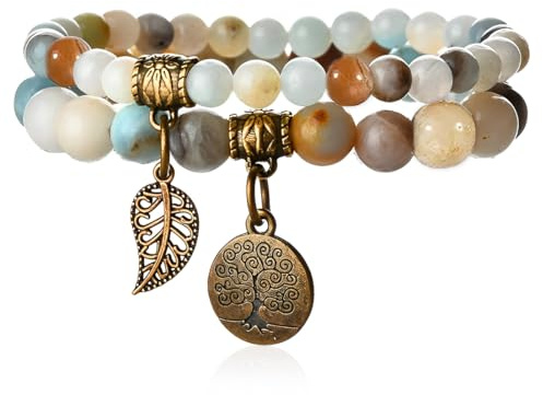 PEVRUAY Boho Armbänder Holzperlen Quaste Armband, Chakra Armband für Frauen, Natürliches Kristall heilsteine armband, Frauen Baum des Lebens Charm Statement Armreifen, Kristall Perle