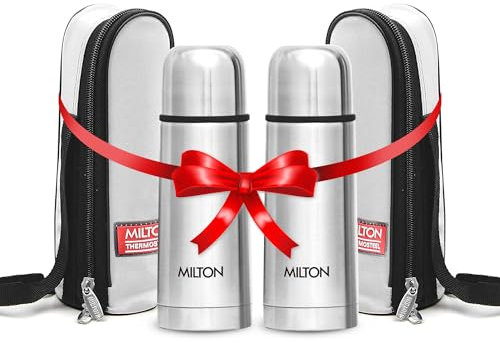 Milton Small Vacuum Flask for Hot Drink 350 ml (12 oz), Stainless Steel Double Walled Insulated Water Bottle for 24 Hour Hot and Cold Drinks, Leak Proof, BPA Free,Thermosteel Flip Lid Set of -2