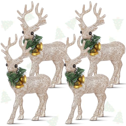 Wesiti 4 Pcs Christmas Reindeer Figurines Decoration Glitter Gold Deer Figurine Tabletop Decor Small Champagne Deer Christmas Decoration Xmas Standing Elk Statue Figure Table Decor for Home Winter