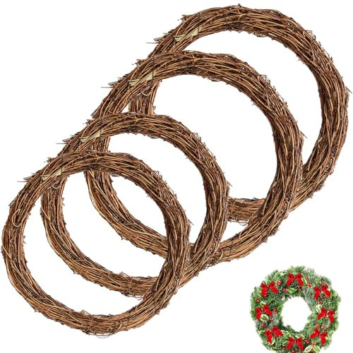 Natural Grapevine Wreath, 4 Pcs Vine Branch, 20 cm/15cm Christmas Rattan Hand-woven Rings for DIY Xmas Halloween Easter