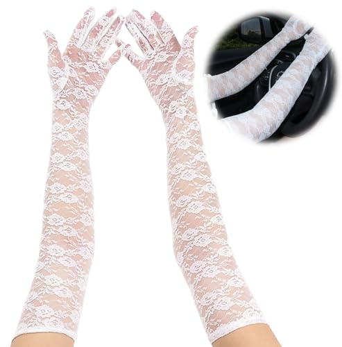 Lange Handschuhe aus floraler Spitze für Damen, 50 cm, Blumenmuster, elastisch, für Braut, Tanz, für Hochzeit, Teeparty, Maskerade, Kostüm, weiß, 38