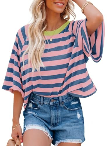 Chicrise Top Manga Corta Mujer Verano Cuello Redondo Oversize Camiseta Rayas De Bloques De Color Básicas Casual Ropa Mujer Rosa Azul Mayor 46-48