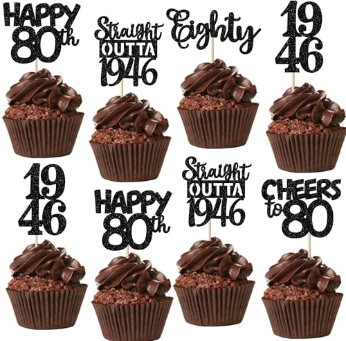 SYKYCTCY 24 Pack 80th Birthday Cupcake Toppers Glitter Eighty 80 Fabulous Happy 80th Straight Outta 1946 Cupcake Picks for 80th Birthday Anniversary Retirement Party Cake Decorations Supplies