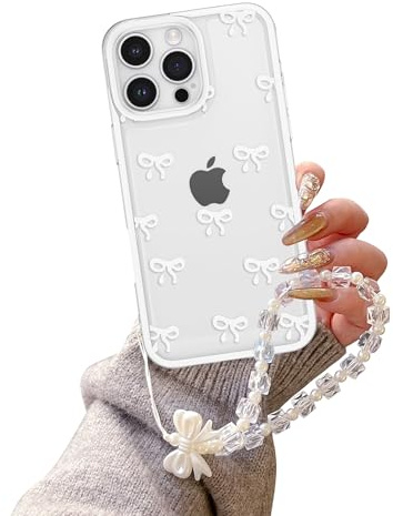 EYZUTAK Case for iPhone 15 Pro, Clear Cute Ribbon Bowknot Aesthetic Phone Case with Charm Bracelet Chain Raised Camera Protection Stylish Soft Durable TPU Protective Cover for Women Girls - White