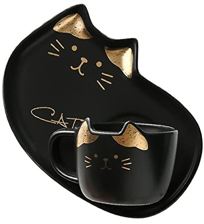 OFFSCH Tazze in Porcellana Forma Di Gatto Piattini Per Tazze Piattini in Porcellana (nero - 200ml)
