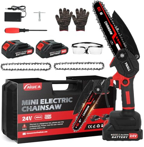 Mini Chainsaw 24V with 8000mAh Battery, 6-Inch Cordless Chainsaw with 2 Powerful Batteries & 2 Chains – Safety Lock & High-Power Motor for Efficient Woodworking, Tree Pruning & Garden Maintenance