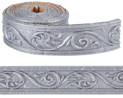 CRASPIRE 2.25m x 5cm 3D Light Grey Crown Molding Trim Wallpaper Border Peel and Stick Flexible Moulding Border Edging Strip Foam Mirror Frame Baseborad Self Adhesive Lines for Ceiling Home Kitchen