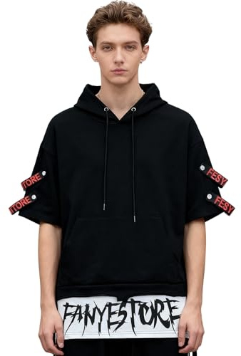 KENAIJING Sweat à Capuche Manche Courte Homme Hip Hop Sweatshirt Homme Capuche T-Shirt Hoodie（Noir, XL）