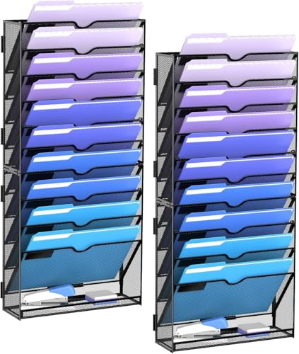 SUPEASY 11-Tier Wand Datei Organizer, Montage erforderlich, hängende Wand Dateien für Papier, Ordner, Zeitschriften, Wand Organizer für Zwischenablage, Schwarz, 2-Pack