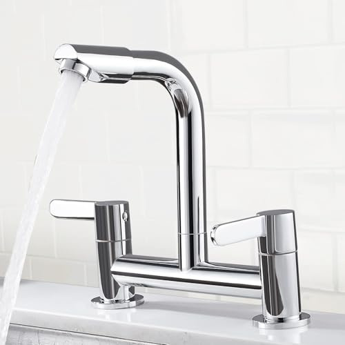 Kitchen Mixer Tap 2 Hole with 360° Aerator,Dual Lever Swivel Basin Lever Taps Swivel Sink Bridge Taps,180mm Centres Deck Mounted with G1/2 Hose UK Standard Fittings (Chrome)