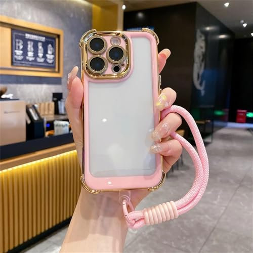 VFDHN Galvanisieren mit Lanyard Transparente Handyhülle für iPhone 15 14 13 12 11 16 Pro Max Plus Stoßstange Stoßfeste durchsichtige Abdeckung, Pink, Für iPhone 15Pro