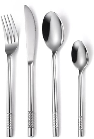 WDSOPK Ménagère en Argenterie, 4/16/24/32/40/48 Pièces, Ensemble De Couverts Épais en Acier Inoxydable, Couteau À Steak, Fourchette Et Cuillère, Coffret Cadeau, Argent - 4 Pièce(Silver-1Set)