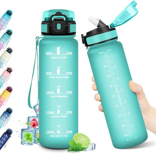 KollyKolla Borraccia 1L, con Cannuccia, Bottiglia Acqua Riutilizzabile, Bottiglia con Marcatori Temporali, senza BPA, A Prova di Perdite, Borraccia per Fitness, Scuola, Ufficio, Sport