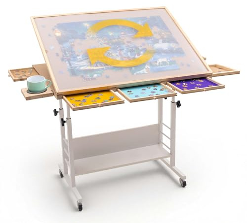 Becko US Rotating & Tilting Jigsaw Puzzle Table with 6 Sorting Trays, Adjustable Tilting Puzzle Easel Board with 4 Wheels, Cup Shelf, Storage Racks, Protective Cover for 1500 Pieces Jigsaw Puzzles