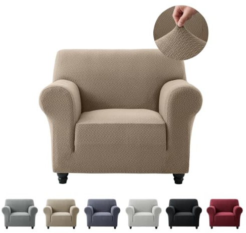Hafaa High Stretch Sofa Cover – Elastic Fit Chair Covers Non Slip Sofa Slipcovers Jacquard Spandex T Shape Couch Armchair Cover Soft Washable Furniture Protector for Kids/Pets (1 Seater, Coffee/Sand)