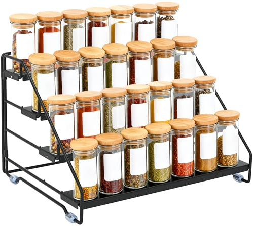 aleawol 4 Etagen Gewürzregal Stehend, Gewürzregal für Schrank Metall Ohne Bohren, Gewürz Organizer Regal Einstellbar, Spice Rack Standing Gewürz Regal für Schrank, Schwarz