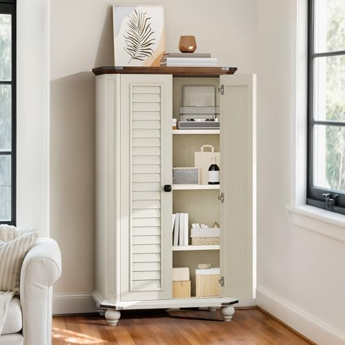 DWVO 4-Tier Storage Cabinet, 45.2 Farmhouse Kitchen Pantry Cabinet wth 2 Shutters-Doors & Adjustable Shelves, Wooden Tool Cabinet for Dining Room, Bathroom, Living Room, Laundry Room, Office, White