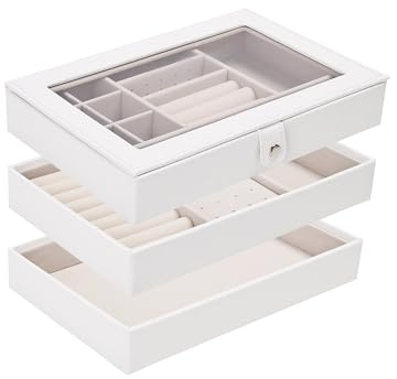 Boxudeli 3 Ebenen Schmucktablett Stapelbar, Schmuckkästchen groß Schmuckschalen Schubladedisplay mit transparentem Deckel, Schmuckaufbewahrung Organiser (Weiß, 3 Lagen Deckel zum Anbringen)