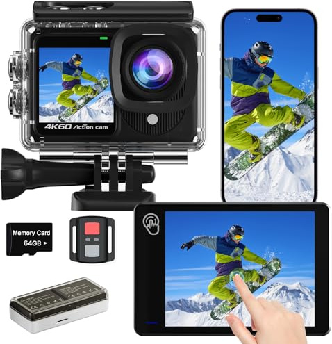 TIMNUT Dualscreen 4K60FPS Cámara Deportiva con Tarjeta de 64GB, Cámara Acuática 40M, 48MP Videocámara WiFi con Pantalla táctil EIS, Zoom de 8X, Cámara de Acción con 2 baterías de 1350 mAh