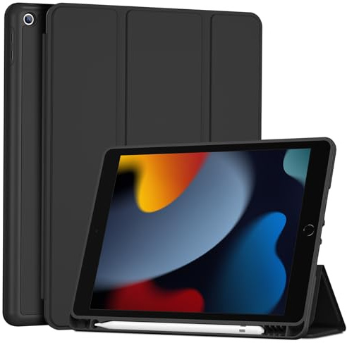 ProCase för iPad 9:e 8:e 7:e Generation, iPad 10,2 cm (2021/2020/2019 Utgåva), mjukt TPU-bakfodral med pennhyllare, stötsäkert smart tunt fodral, automatisk sömn/vakna-Svart