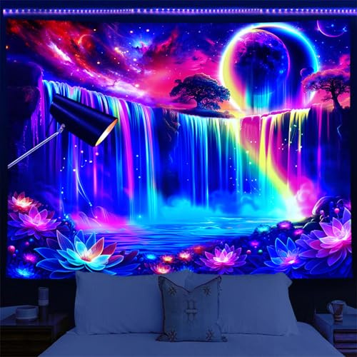 Yosugar Schwarzlicht Regenbogen Wasserfall Wandteppich,UV Reaktiv Wandteppich Wandbehang,Galaxie Mond Wandteppich für Schlafzimmer Wohnheim Party Gaming Zimmer Deko (230L x 180B cm)