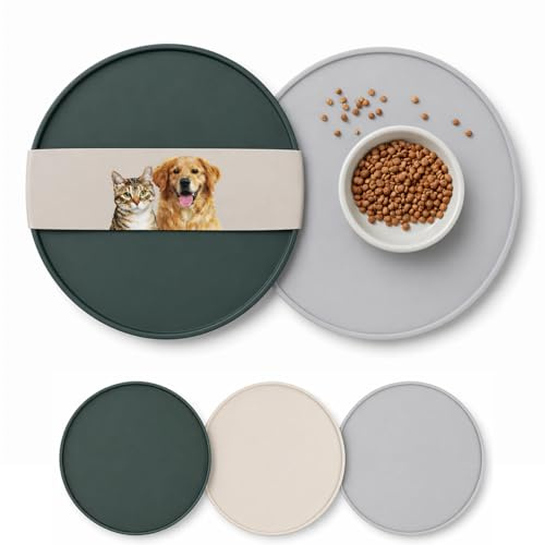 2er Napfunterlage Hund & Katze rund 25x25cm, Silikon Futtermatte Grau-Grün | Silikon, 0,7 cm Rand, wasserdicht, rutschfest, abwischbar, rollbar, für Futter & Wasser, Küche, Balkon, Reise, Camping