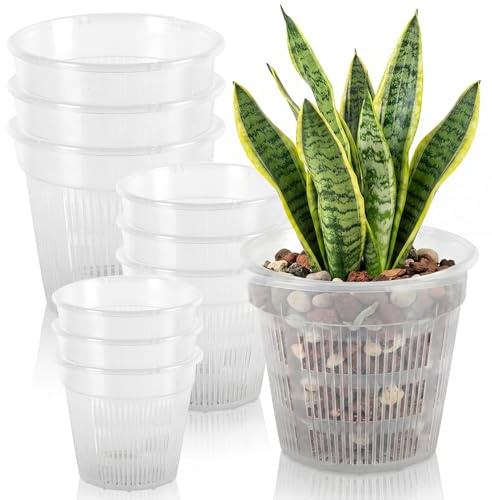 Dexpally 9 stycken orkidékrukor transparent – 14/16/19 cm blomkrukor | med dräneringshål och bricka, krukväxter för orkidéer planteringskrukor för rottillväxt