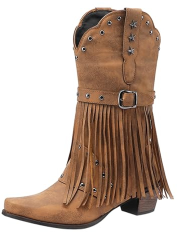 Stivali western da donna con frange borchiate, stivali da donna a metà polpaccio, stivaletti occidentali in ecopelle con accenti a stella, comode calzature pull-on per gite casual, festival musicali
