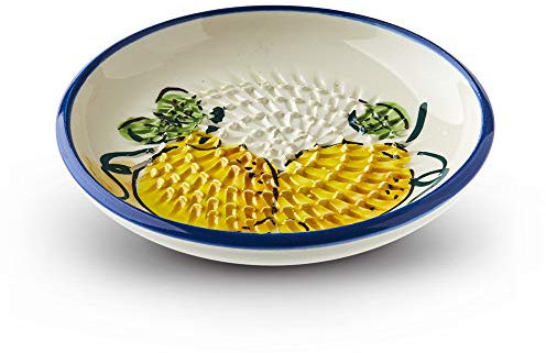 Garlic Grater Plate. (#Ref 8). Handmade and Hand Painted in Cordoba, Spain. White Plate with Blue Rim and Lemon Pattern.
