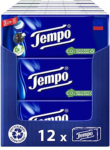 Tempo Confezione da 12 fazzoletti originali da 10 pacchetti da 10 fazzoletti, extra forti e morbidi, lavabili in lavatrice