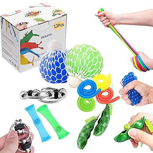 Oksano Jouets sensoriels 12 Pièce, Jouets anti stress Autism fidget Toys, pour enfants et adultes,balle anti-stress, Reverse chain, stretch Line, Soybean Pressure Toys, enroulement de jouets Attendez.