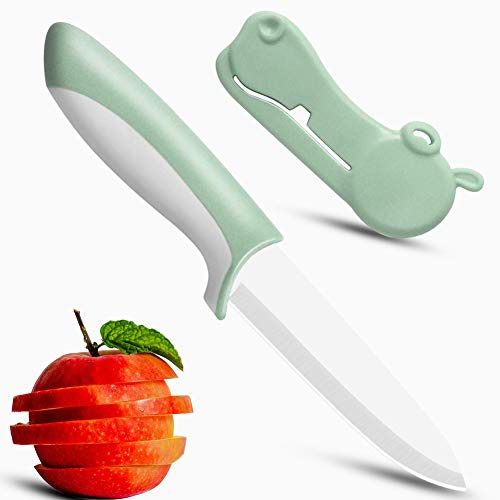 Jonbyi Premium Ceramic Paring Knife 4 Inches - Ultra Sharp for Fruit and Vegetable With Hippo Shaped Cover, Small Portable Kitchen Knife With Sheath, Green