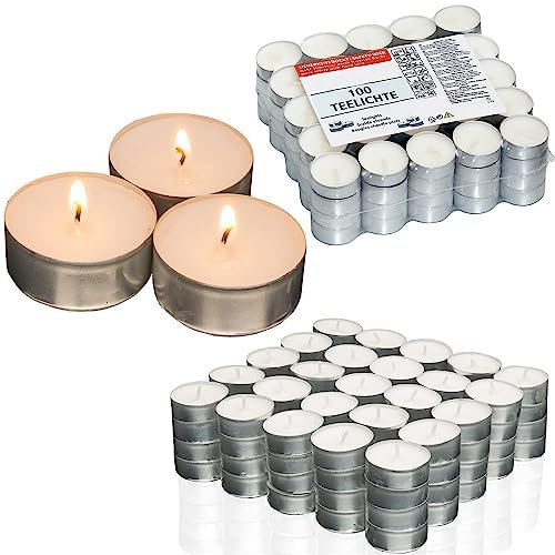 Candelo 100er Set Hochwertige Kerzen Teelichte Ambiente Teelichter in Weiß ohne Duft - Aluminium Hülle - 1,8 x 3,8cm je Teelicht - 4 Std Brenndauer