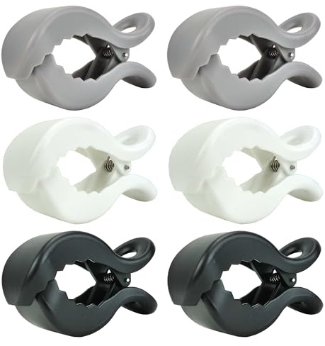 6 St. Babies1st Kinderwagen Klammer, Clip zur Befestigung von Spielzeug, Abdeckung, Sonnenschutz am Kinderwagen, Buggy, Babyschale, 2 Weiß, 2 Grau, 2 Schwarz