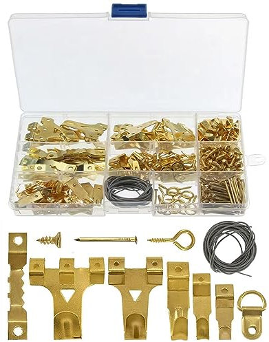 HOJKMA 282 Stück Bilderhaken Bilder Bildaufhänger Kit mit Draht, Schwerlast Edelstahl Golden Bilderrahmen zum Aufhängen Bild hängende Haken Kit mit Nägeln für Wand und Holz Unterstützung 10-75 lbs