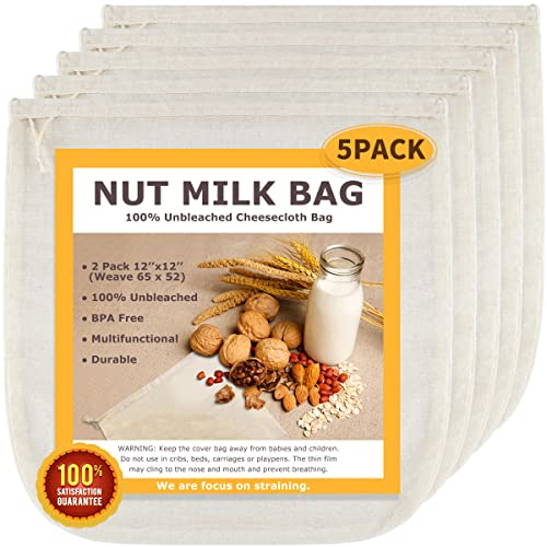 Nut Milk Bags, All Natural Cheesecloth Bags, 12x12, 5 Pack, 100% Unbleached Cotton Cloth Bags for Tea/Yogurt/Juice/Wine/Soup/Herbs, Durable Washable Reusable Almond Milk Strainer(Weave 66x70)