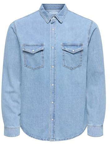 ONLY & SONS jeansskjorta för män ONSBANE jeansskjorta, Mellanblå denim, L